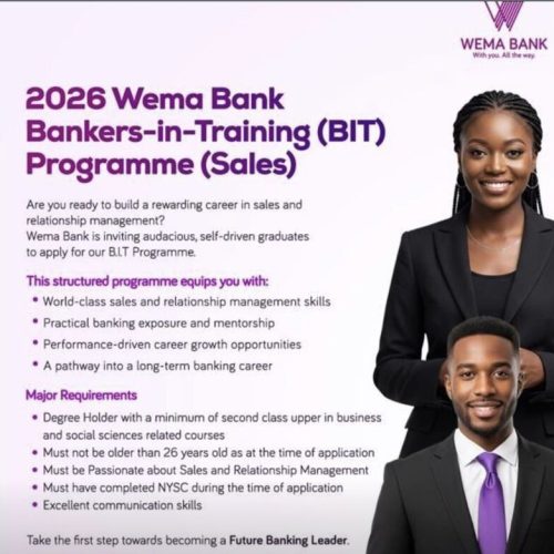 Wema Bank Plc Bankers-in-Training Programme 2026 for Young Nigerian Graduates